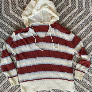 Eesome Striped Rust, Cream, and Light Blue Knit V-Neck Hoodie Sweater